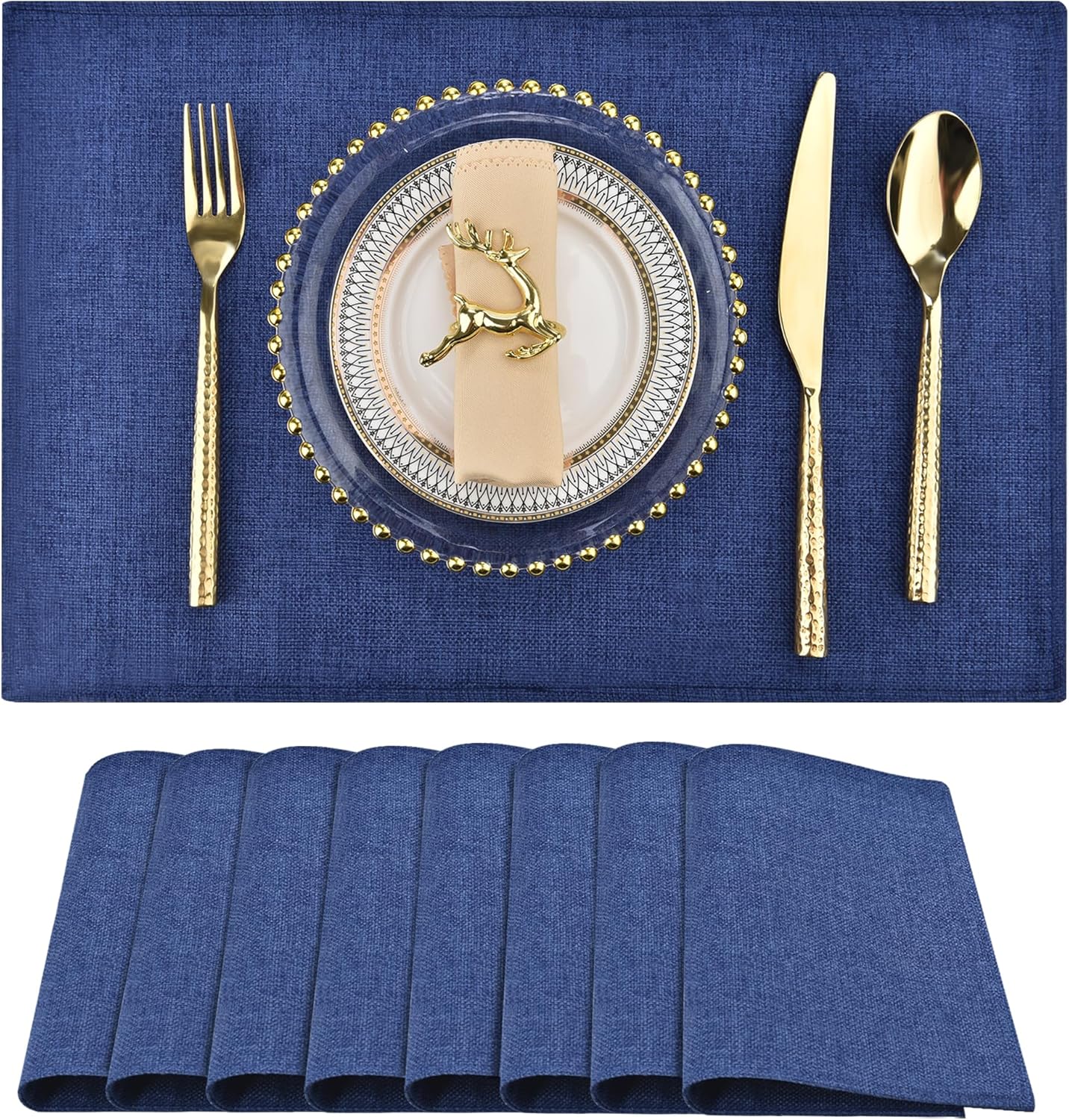SLKQG Blue Linen-Look Placemats Set of 8, Heat Resistant & Machine Washable Double-Layered Cloth Placemats for Dining Table, Indoor/Outdoor Use, Non-Slip Kitchen Table Mats (8, Navy Blue)