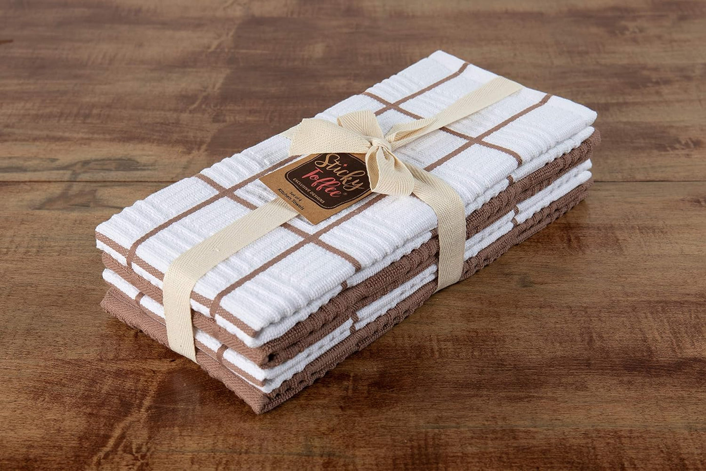 Sticky Toffee Cotton Kitchen Towels Set of 4, Brown and White, 28 x 16 in, Absorbent Reusable Hand and Dish Towels, Tea Towels, Oeko-Tex Cotton