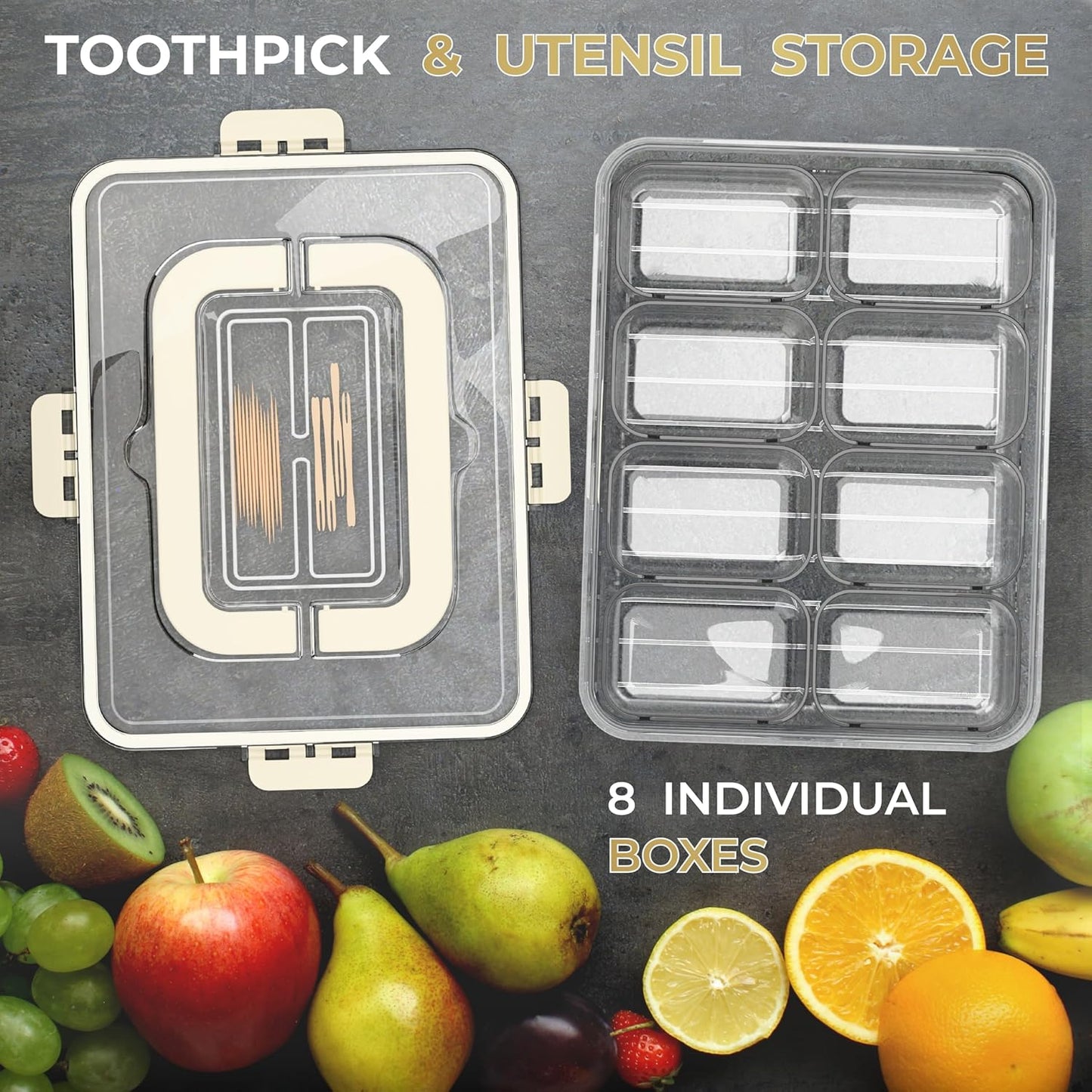 LEVANI Snack Box Container – (8) Clear & Stain Free Compartments, Extra Strong Handle - (2) Ice Packs to Preserve Freshness, Divided Serving Tray w/Lid, Transparent Storage Organizer, Snackle Boxes