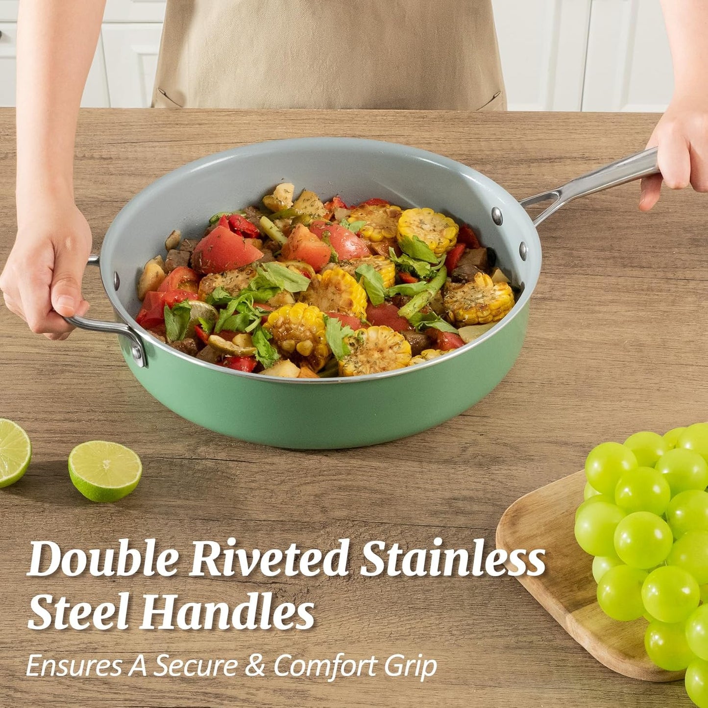 Nonstick Sauté Pan with Lid 5 QT Deep Frying Pan with Stainless Steel Helper Handle 12 inch Large Skillet Ceramic Jumbo Cooker for Healthy Cooking, Induction Compatible Cookware, PFOA Free