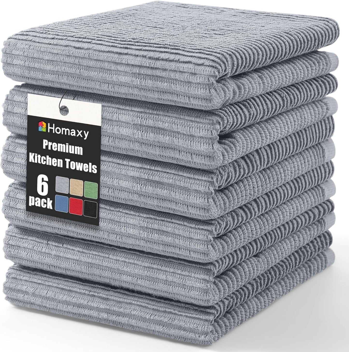 Homaxy Premium Kitchen Towels (18"x 28", 6 Pack), Large 100% Cotton Kitchen Hand Towels, Ultra Absorbent Ribbed Terry Tea Towels Set with Hanging Loop, Grey