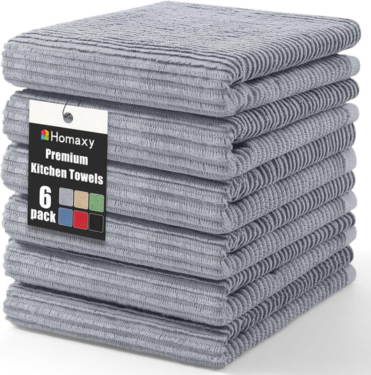 Homaxy Premium Kitchen Towels (18"x 28", 6 Pack), Large 100% Cotton Kitchen Hand Towels, Ultra Absorbent Ribbed Terry Tea Towels Set with Hanging Loop, Grey