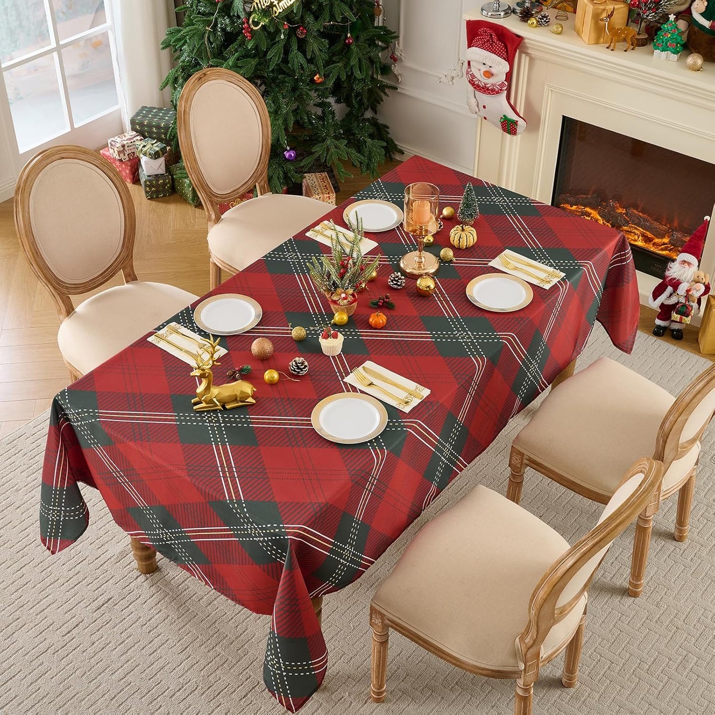Christmas Tablecloth Rectangular 60x84 Inch Waterproof, Machine Washable Checkered Polyester Table Cover for Xmas Party, Winter Holiday Home Decoration in Festive Checkered Green 1pack