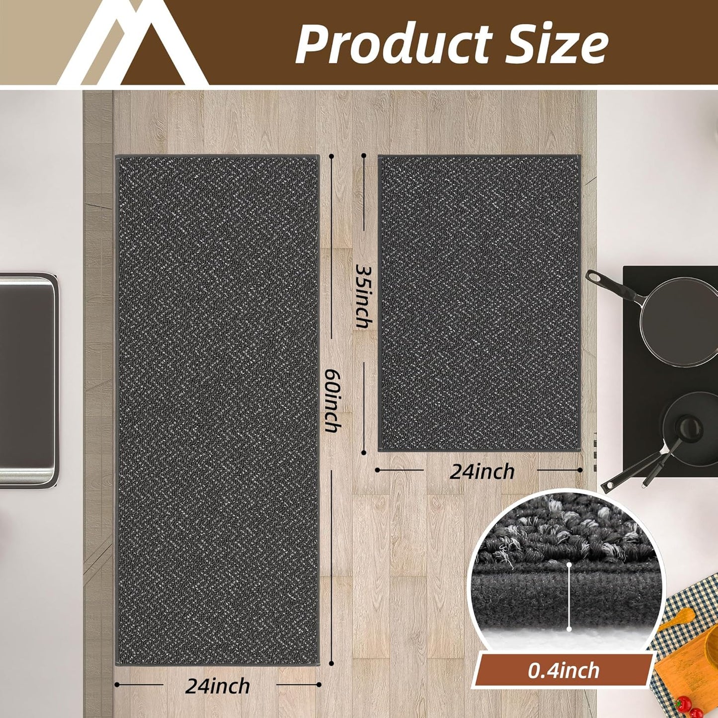 COSY HOMEER Kitchen Rugs Non Slip Washable 24"x36"+24"x60" Absorbent Kitchen Mats for Floor Stain Resistant Kitchen Runner Rug Sets of 2 Kitchen Floor Mats for Sink,Dark Grey