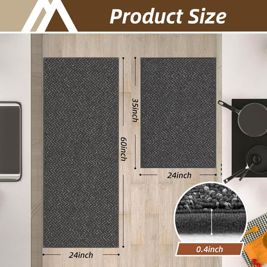 COSY HOMEER Kitchen Rugs Non Slip Washable 24"x36"+24"x60" Absorbent Kitchen Mats for Floor Stain Resistant Kitchen Runner Rug Sets of 2 Kitchen Floor Mats for Sink,Dark Grey