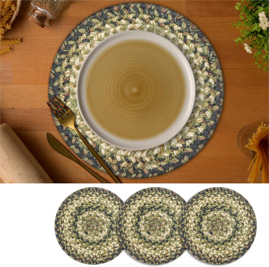 Homespice Pinecone Jute Braided Trivets for Table, Warm Country Rustic Decor, Set of 3, Green 8" Round Heat Resistant Mats - Rich Colors, Easy to Clean, Durable and Protects Furniture