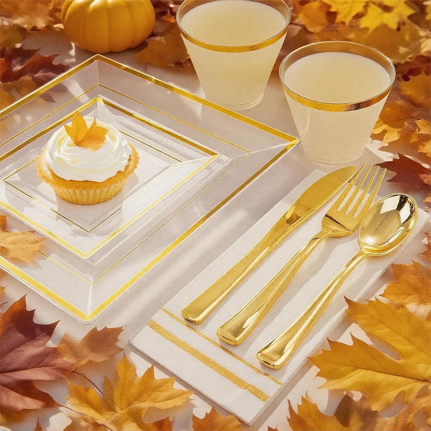 Festiva 350Pcs Clear Plastic Plates with Gold rim - Clear Gold Disposable Dinnerware for 50 Guests includeSquare Plastic Plates/Cups/Cutlery/Napkins Perfect for Thanksgiving Party&Wedding &Xmas