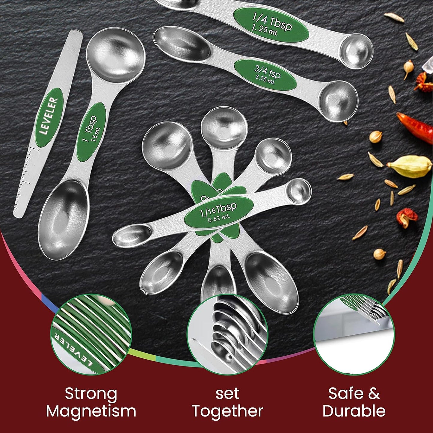 Magnetic Measuring Spoons Set of 9 Stainless Steel Dual-Sided Stackable Measuring Spoon Nesting Teaspoons Measuring Dry and Liquid Ingredients, Fits in Spice Jars Set of 9 (Green)