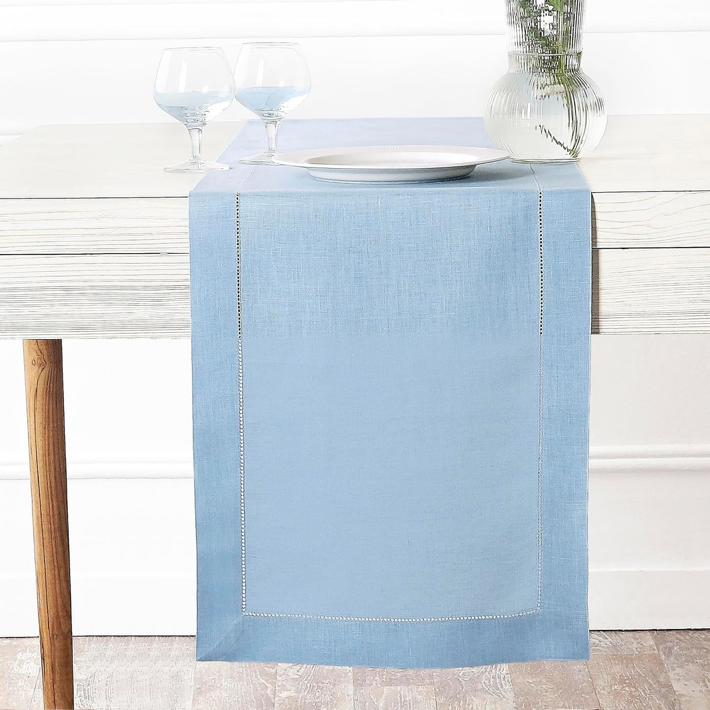 D'Moksha Homes Linen Powder Blue Table Runner 120 Inches Long - 100% Pure Linen Hemstitch 14 x 120 Inch Table Runner for Dining, Fall, Autumn and Halloween - Classic Hemstitch