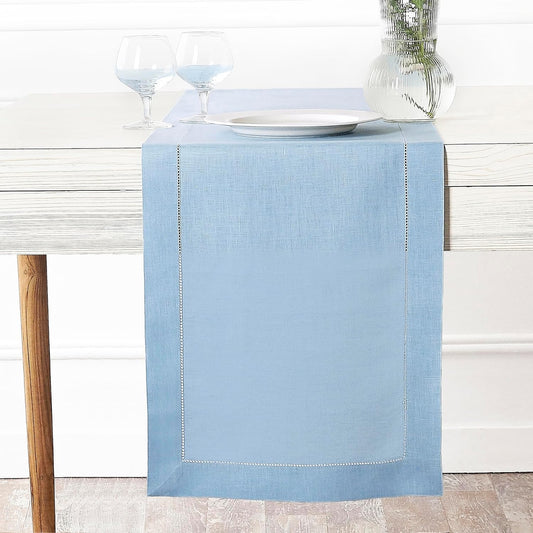 D'Moksha Homes Linen Powder Blue Table Runner 108 Inches Long - 100% Pure Linen 14 x 108 Inch Table Runner for Fall, Autumn and Halloween - Classic Hemstitch