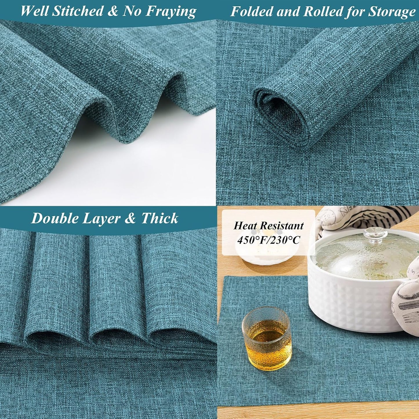 SHACOS Fabric Placemats Set of 4 Non Slip Machine Washable Heat Resistant Cloth Table Mats Soft Polyester Place Mats for Kitchen Dining Table, Dark Teal