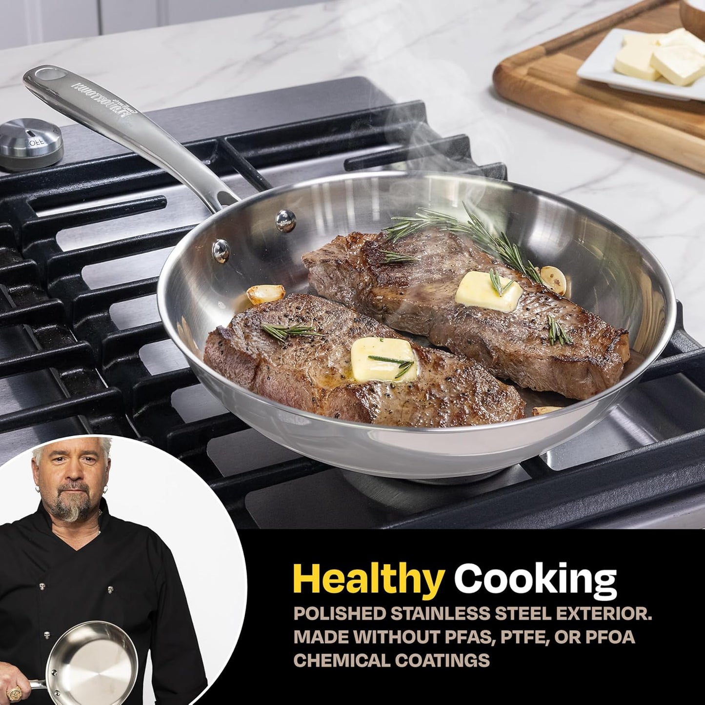 Guy Fieri's Flavortown 10.3" Stainless Steel Frying Pan - Tri-Ply Base with Stainless Stay Cool Handles, Oven Safe up to 500°F, Induction Cooktop Compatible, Versatile Cookware for Every Kitchen