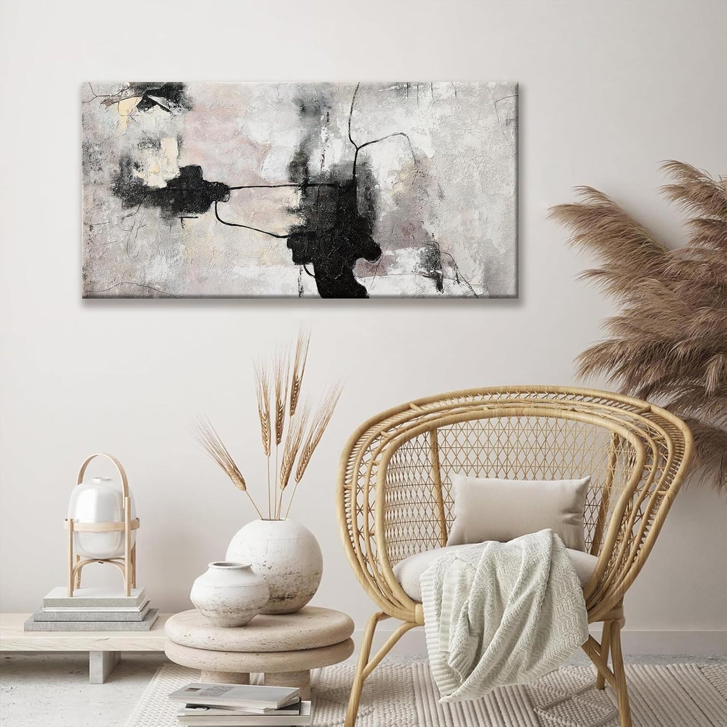 QSQ Black And Off-White Abstract Wall Art For Living Room Decor Artwork Canvas Art Wall Decor Modern Canvas Prints Pictures Abstract Wall Decor For Home Hotel Decoration 24 x 48 Inch