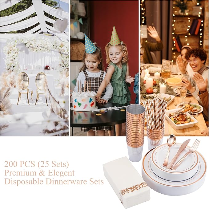 175PCS Rose Gold Dinnerware Set for 25 Guests, Rose Gold Rim Plastic Disposable Plates for Party Wedding Include 25 Dinner Plates, Dessert Plates, Silverware Set, Napkins, Cups