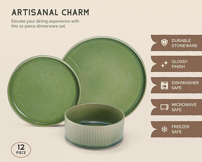 Ceramic Dinnerware Set, by Vase and Vessel, 12-Piece Service for 4, 9.8” Dinner Plates, 8” Salad Plates, 20 oz Bowls, Ombre Reactive Glaze, Durable Stoneware, Microwave & Dishwasher (Moss Green)