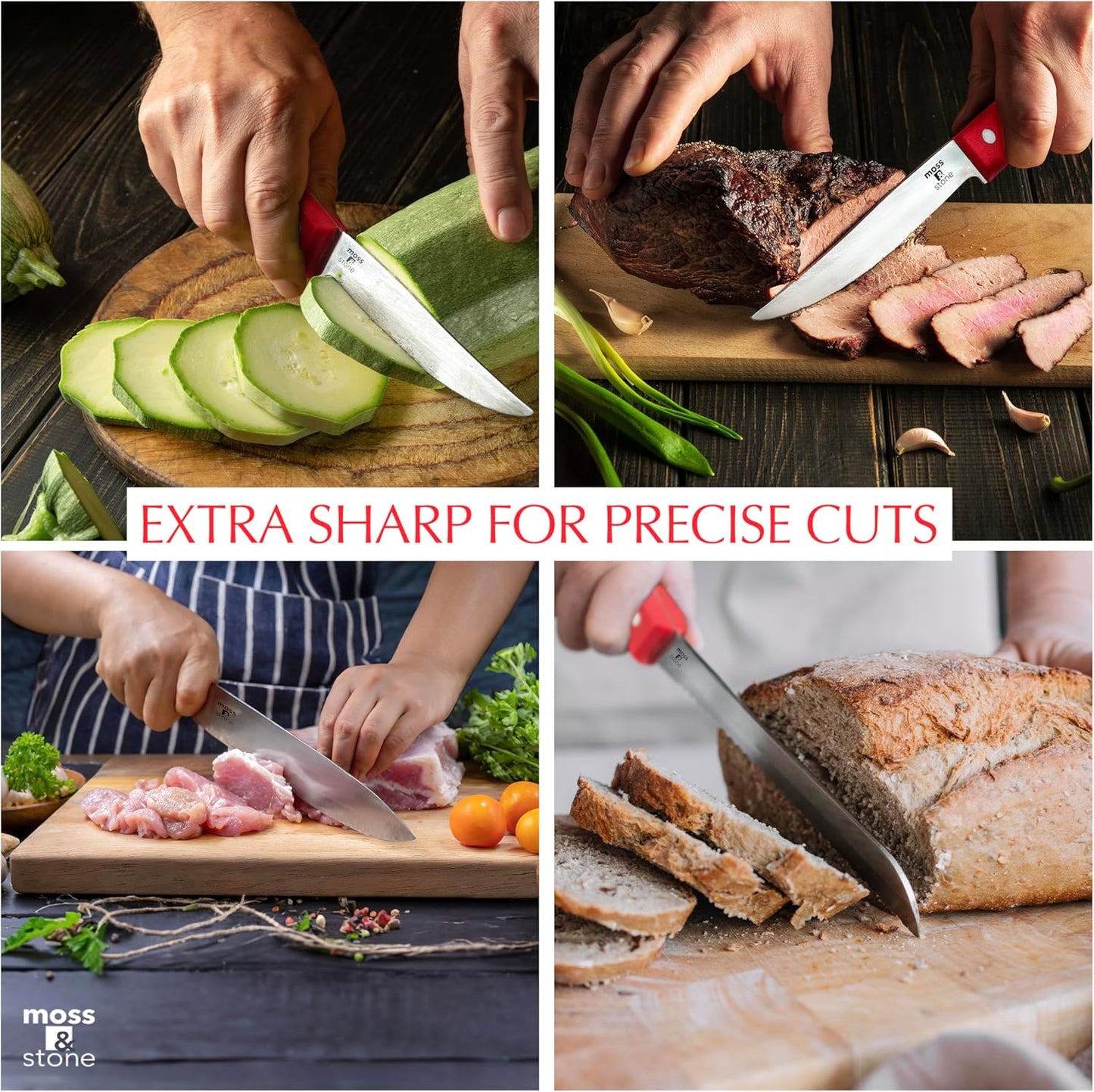 Moss & Stone 14 Pcs Knife Block Set Stainless Steel, Premium Forged Kitchen Knives Set with High-Carbon Blades, Ergonomic Handle, Sharp Blade, Rust Resistant, Modern Style for Home & Chef, Red