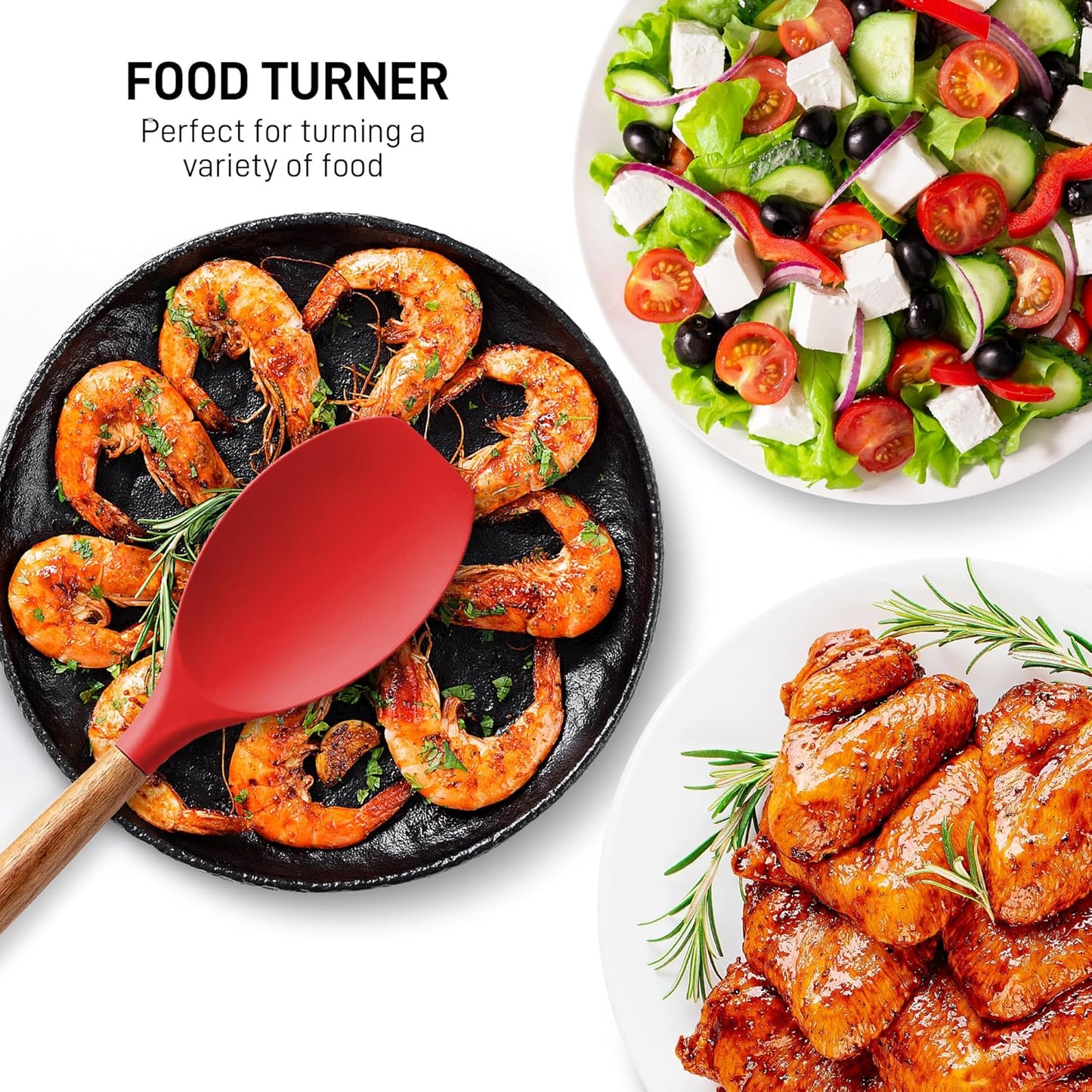 Zulay Kitchen Utensils Set Non-Stick Silicone Cooking Utensils Set with Authentic Acacia Wood Handles - 5 Piece Silicone Utensil Set - Silicone Kitchen Utensils Set with 464°F Heat Resistance - Red