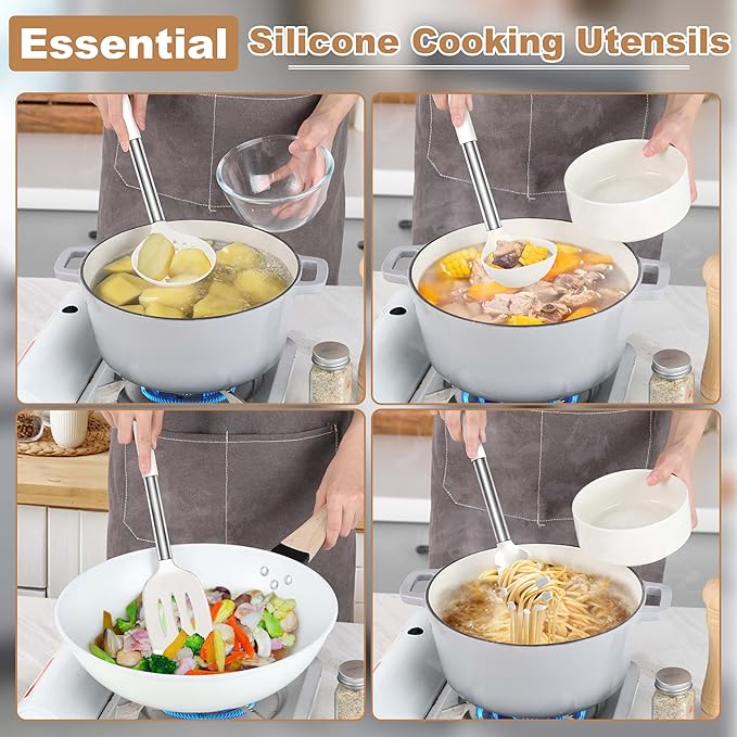 LIANYU Silicone Cooking Utensils Set, 6 Piece Kitchen Cooking Utensils Set, Heat Resistant Kitchen Spatula Gadgets Tools for Nonstick Cookware, Stainless Steel Handle, Dishwasher Safe, White