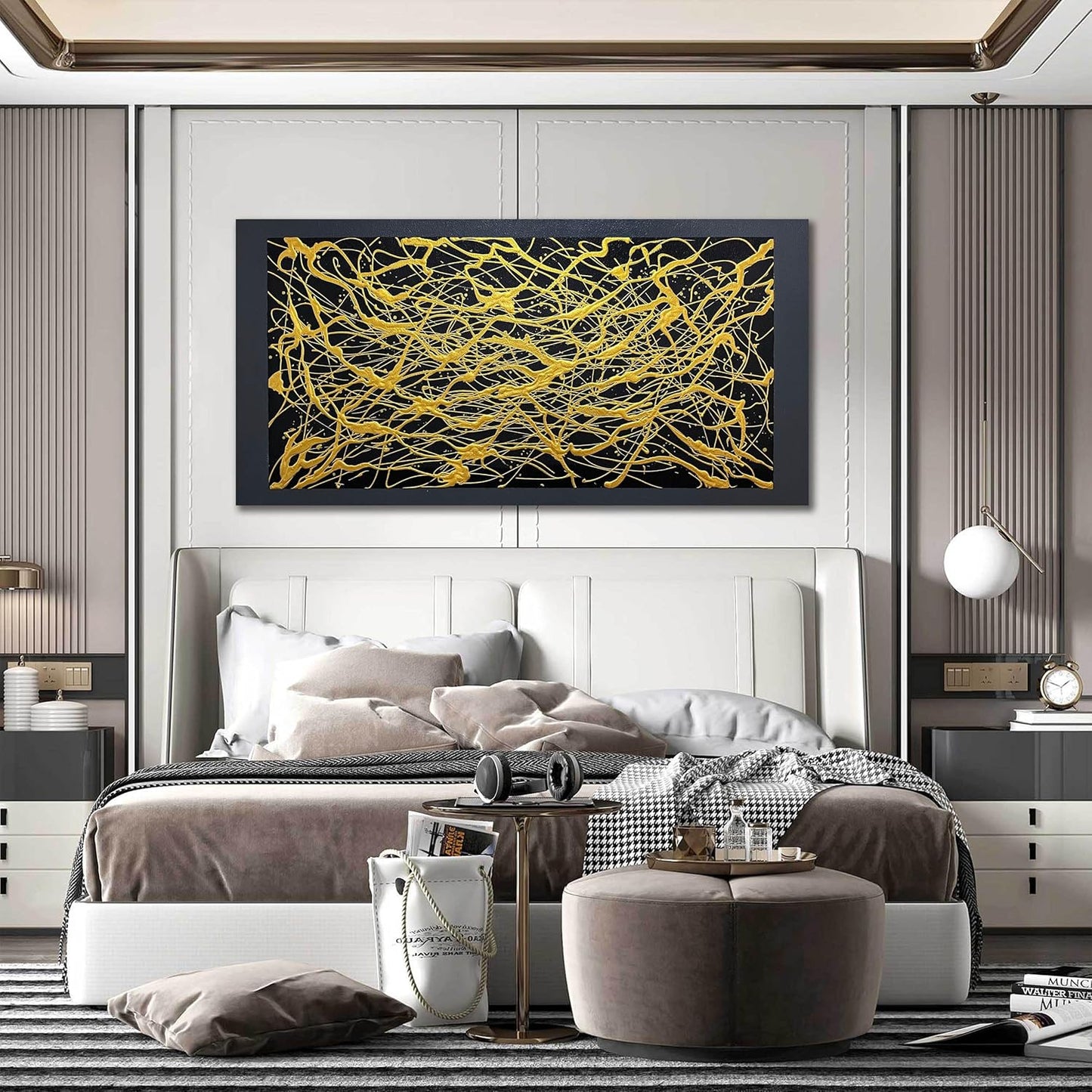 Abstract Canvas Art Wall Decor for Living Room - Modern Hand Painted Wall Art for Office - Black and Gold Wall Decor for Bedroom Men Size 24" x 47"