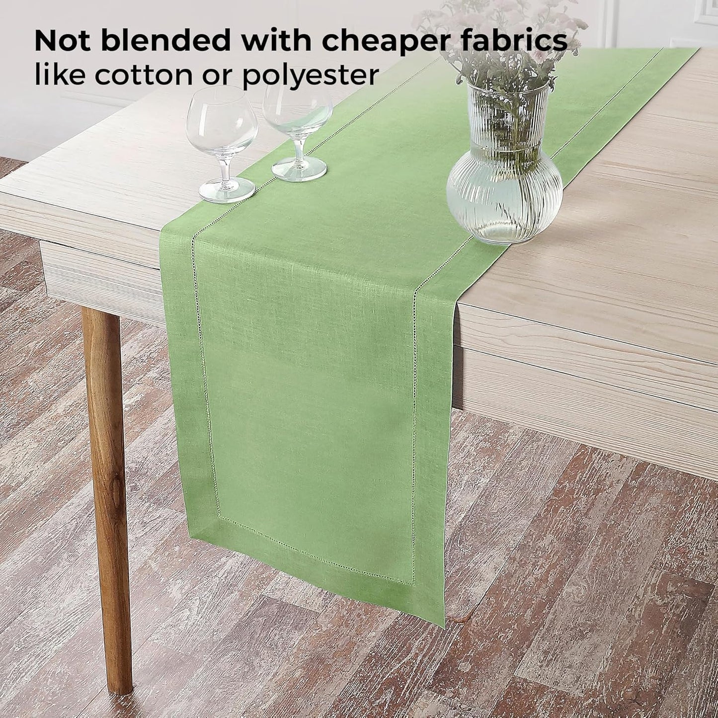 D'Moksha Homes Linen Sage Green Table Runner 36 Inches - 100% Pure Linen Small Table Runner 14 x 36 Inch Ideal for Dresser, Coffee Tables, Fall and Halloween - Classic Hemstitch - Classic Hemstitch