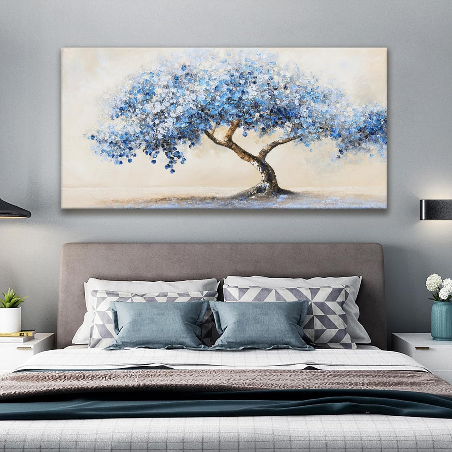 Suconvng Large Wall Art For Living Room Blue Abstract Art Tree Of Life Modern Artwork Canvas Art Wall Decor Painting Tree Pictures Ready To Hang For Bedroom Office Home Wall Decor 29"X 58"