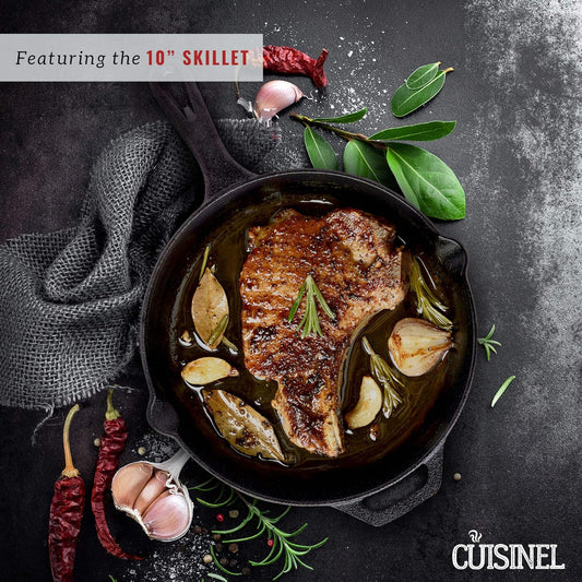 Cuisinel Cast Iron Cookware 8-Pc Set - 10" + 12" Skillet + 5-Quart Dutch Oven+ Panrack Organizer + Silicone Handle Covers + Scraper/Cleaner- Pre-Seasoned Chef's Essentials Kit - Grill, Indoor/Outdoor