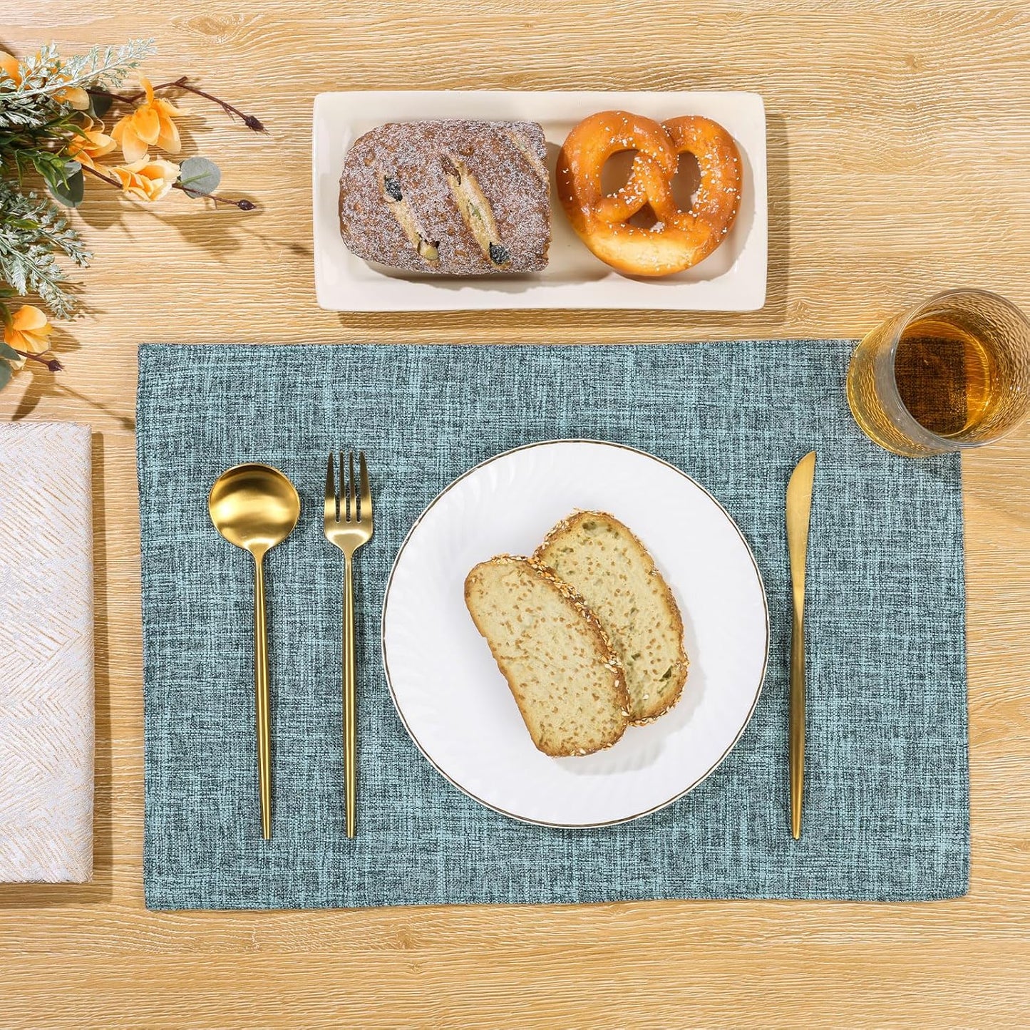 SHACOS Washable Fabric Placemats Set of 4 Heat Resistant Double Layer Cloth Table Mats Non Slip Farmhouse Place Mats, Blue Grey