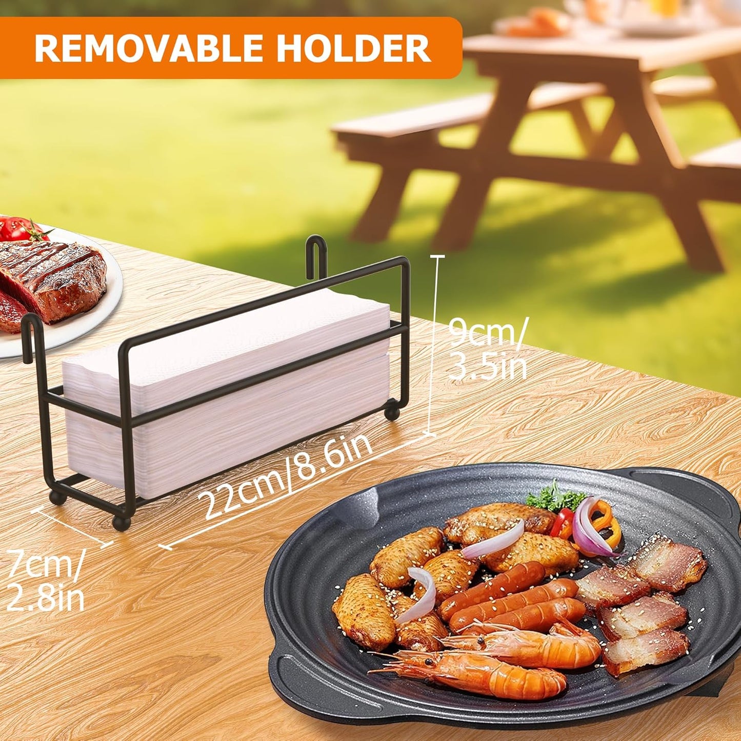 Large Grill and Griddle Caddy with Paper Towel Holder, Side Hooks, Utensil Holder, Wooden Handle for Outdoor Kitchen, Picnic, RV, Patio, Camping, Tailgate BBQ Tools & Grilling Accessories