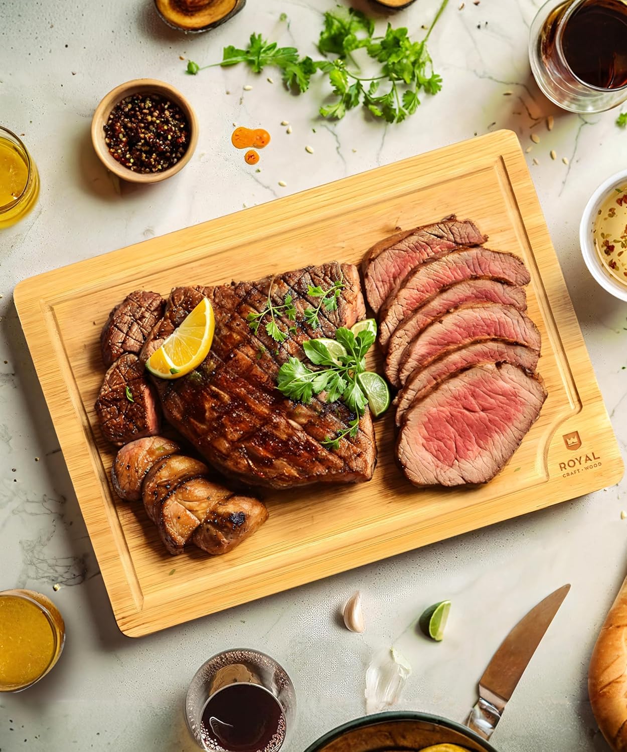 ROYAL CRAFT WOOD Wooden Cutting Boards for Kitchen Meal Prep & Serving - Bamboo Wood Serving Board with Deep Juice Groove Side Handles - Charcuterie & Chopping Butcher Block for Meat