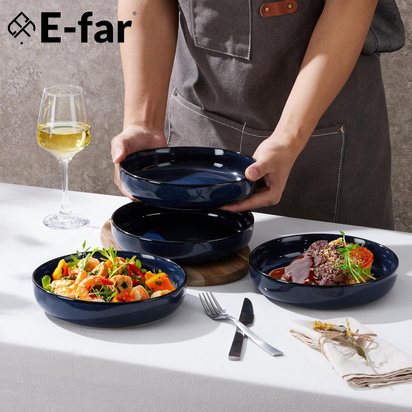 E-far Pasta Bowls Set of 4, 35oz Ceramic Large Salad Plate Bowls for Kitchen, Wide and Shallow Design for Serving Soup Pasta, Double Reactive Glaze, Dishwasher & Microwave Safe, Deep Sea Blue