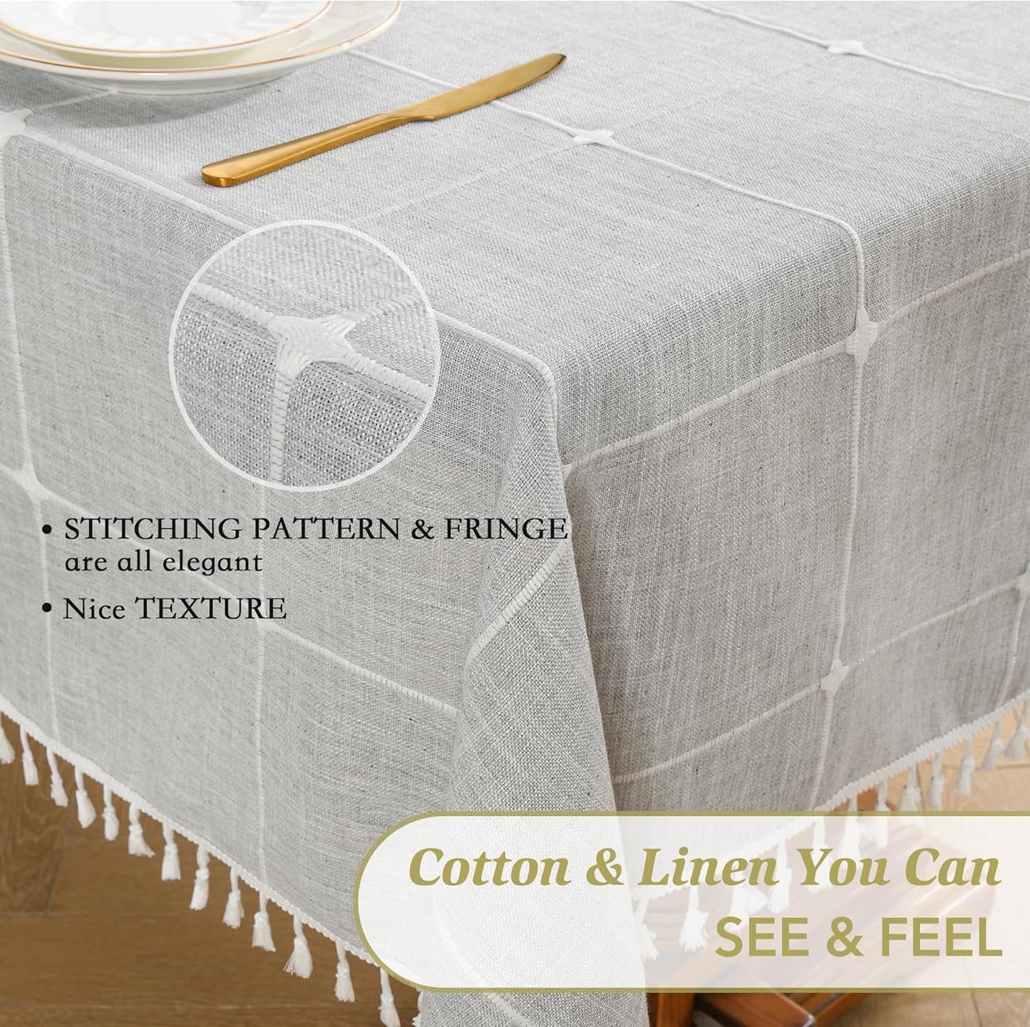 Oubonun Cotton Linen Rectangular Tablecloth - Wrinkle Resistant & Waterproof - Machine Washable Table Cloth with Tassels for Kitchen & Dining, 55''x86'', 6-8 Seats, Grey