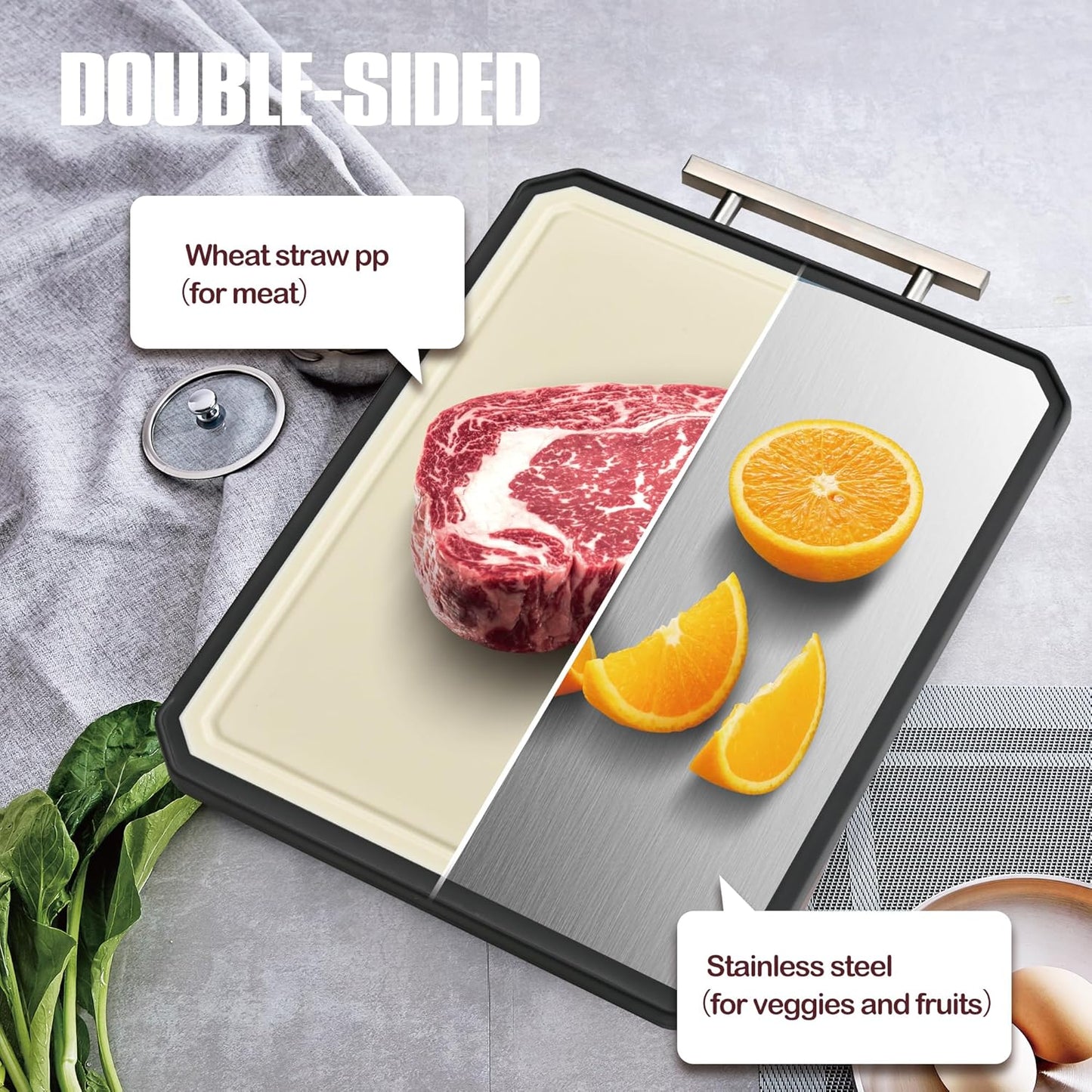 SNOWCLAD Stainless Steel Cutting Board,Double Sided Steel Cutting Board Set for kitchen,Stainless Steel/Wheat straw pp Large for meat,Dishwasher Safe [16 * 11+12 * 8.3 Inch]