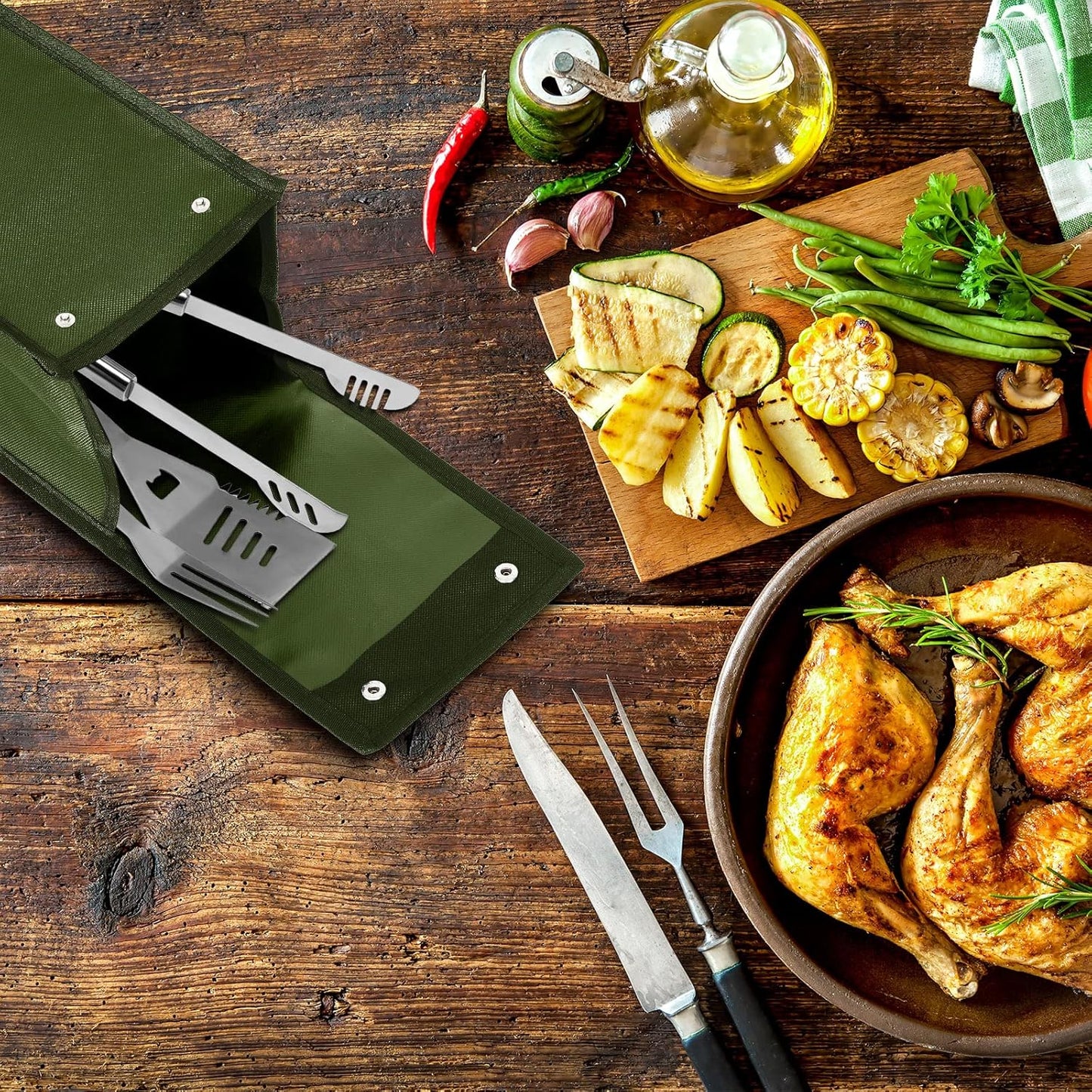 Amylove Grill Utensil Storage Bag BBQ Tool Storage Bags Barbecue Hardware Tool BBQ Utensil Holder Pouch Oxford Cloth Accessory Foldable for Camping Hiking(2 Pcs,Army Green)