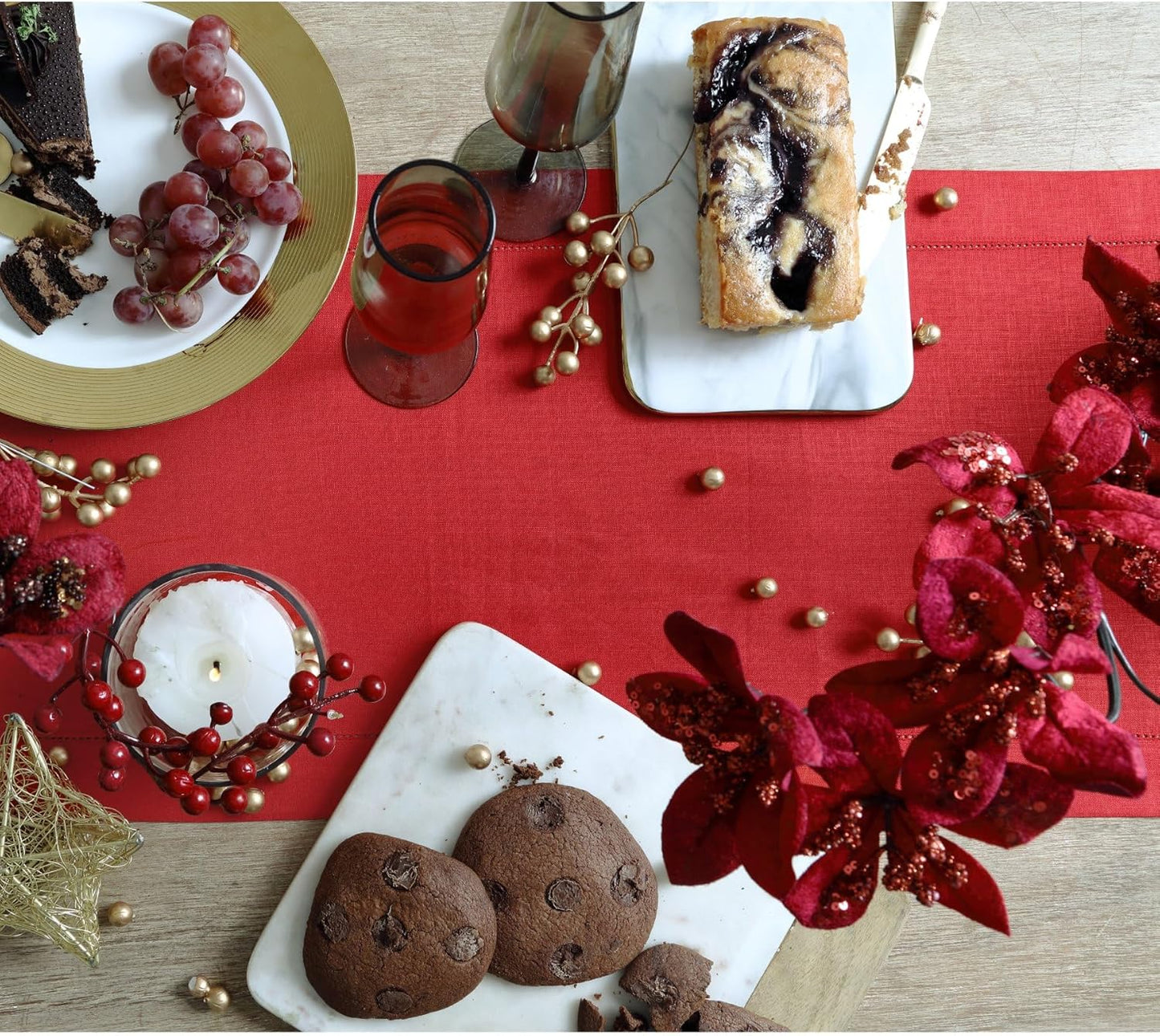 Solino Home Linen Table Runner 90 Inches Long - 100% Pure Linen Red Table Runner 14 x 90 Inch for Christmas, Holiday - Classic Hemstitch