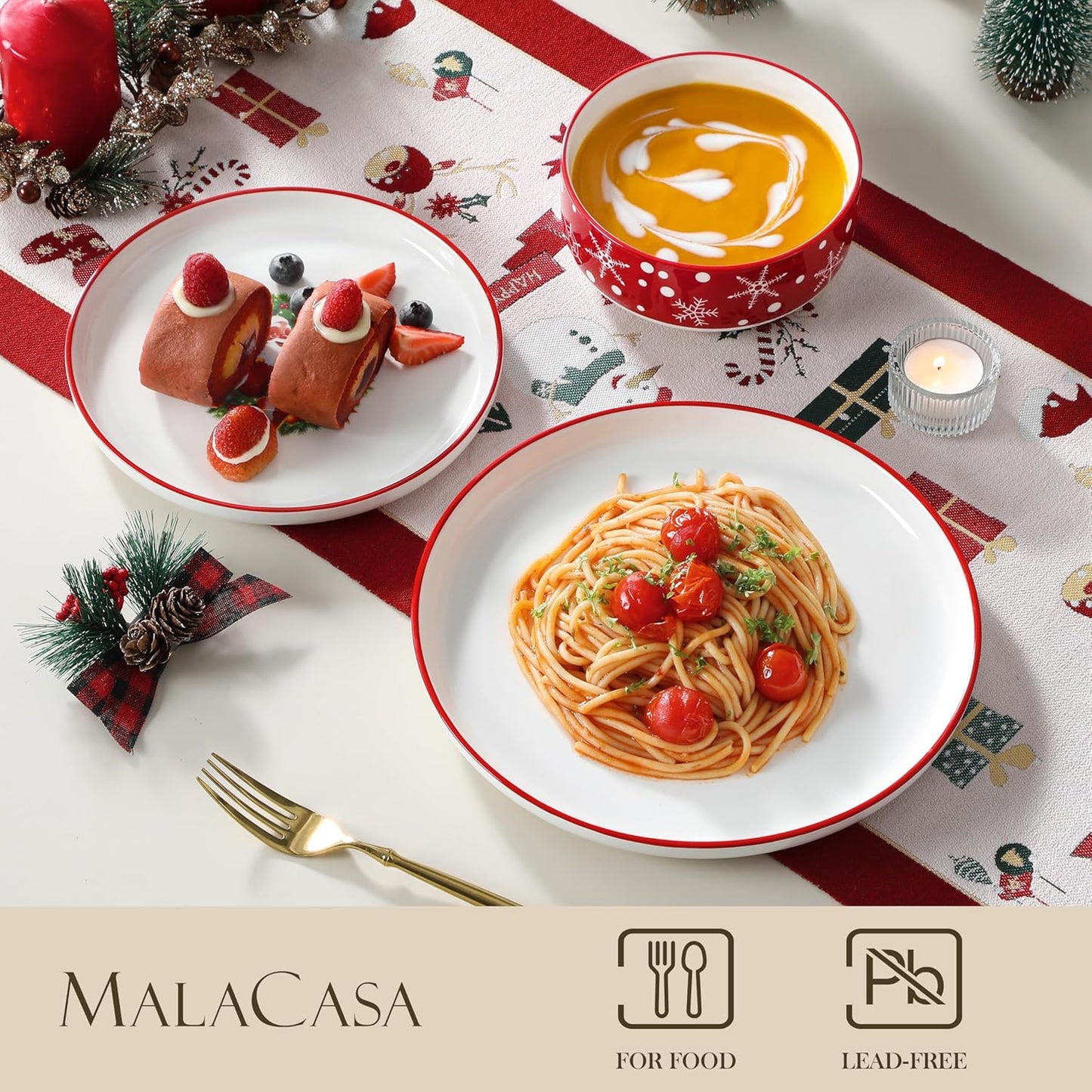 MALACASA Plates and Bowls Sets, 18 Pieces Christmas Porcelain Dinnerware Set for 6, Ceramic Dishware Dishes Kitchen Dinner Dining Ware Set, Microwave and Dishwasher Safe, Series LUNA-Santa Claus