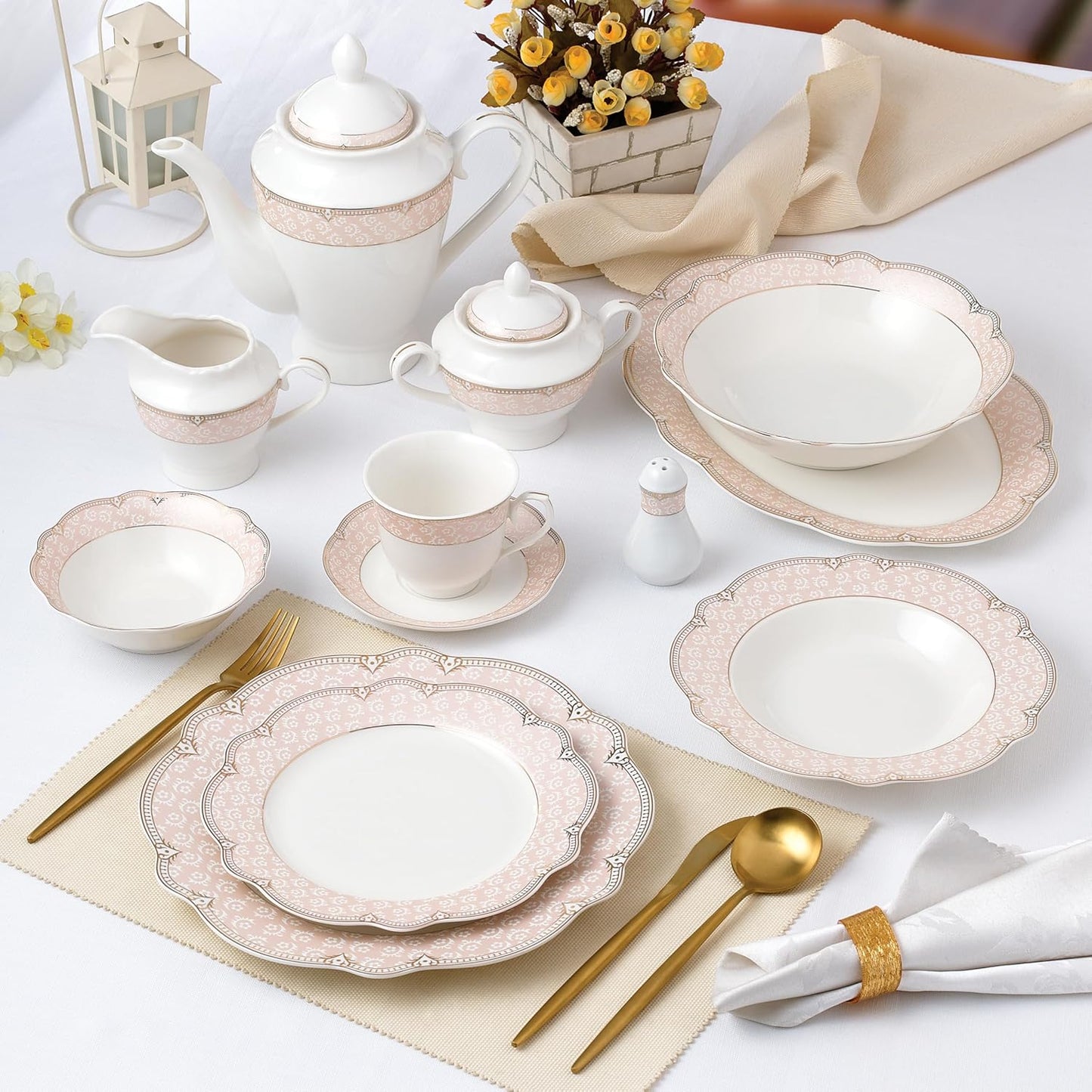 Joseph Sedgh Collection "Sandra" 57-Piece Bone China Dinnerware Set, Service for 8, Blush Pink and Gold