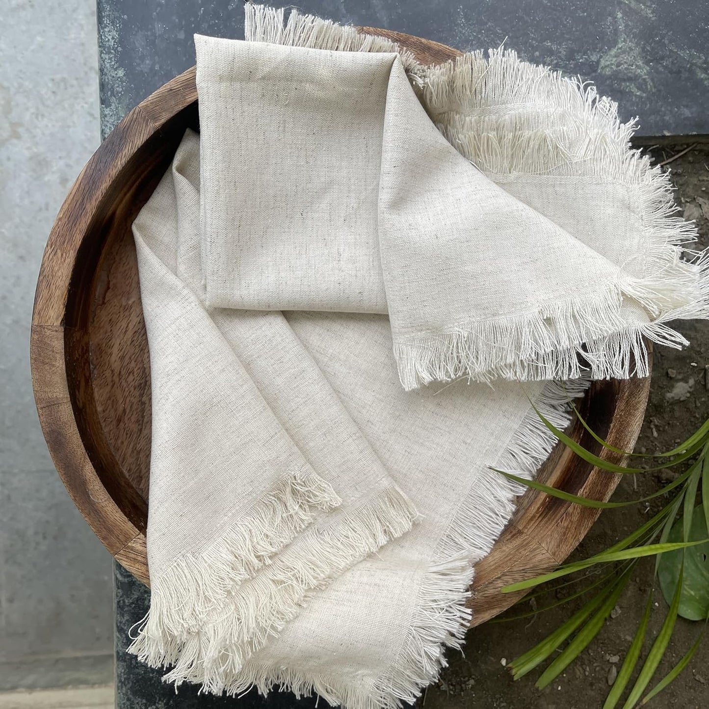 Linen Cloth Napkins - Set of 12 18x18 Cotton Dinner Napkins with Fringes, Mitered Corners, Machine Washable - Ideal for Weddings & Cocktail Parties