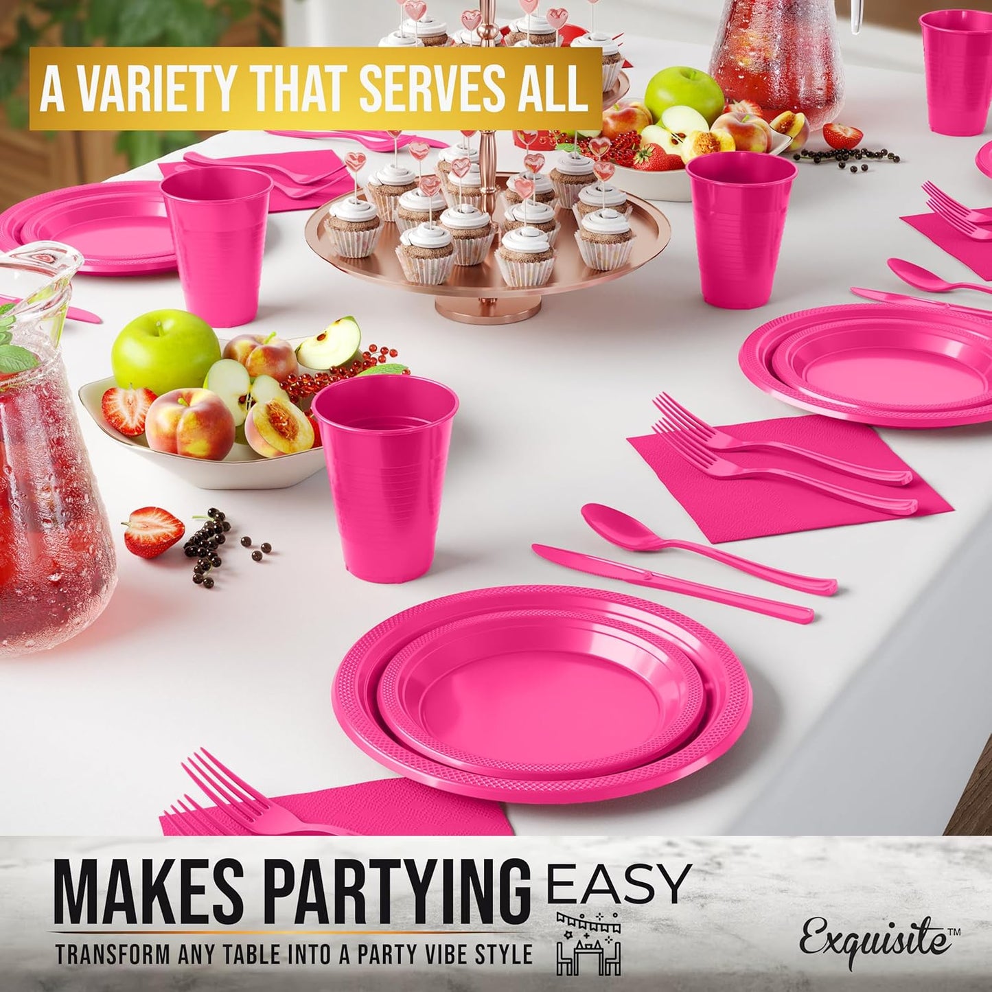 Party Solids 350 Pieces Cerise Plastic Plates For Party, Cerise Disposable Plates Set, 50 Of Each 9" Dinner Plate Set, 7" Dessert Plate, Cups, Napkins & Cutlery Plastic Dinnerware