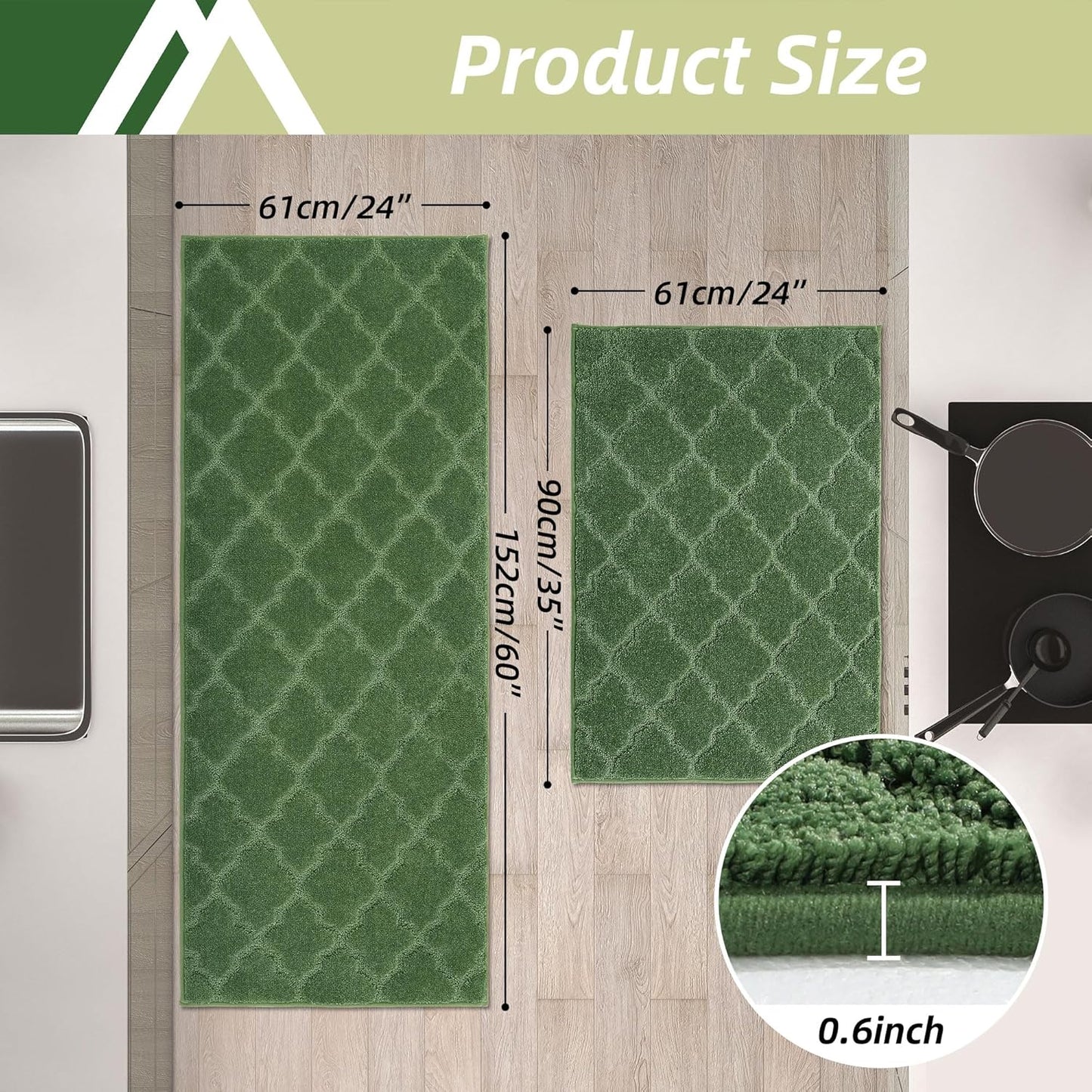 COSY HOMEER Soft Kitchen Rugs [2 PCS] for in Front of Sink Super Absorbent Kitchen Floor Mats and Mats 24x35 Inch/24X60 Non-Skid Kitchen Mat Standing Mat Washable,Polyester,Green