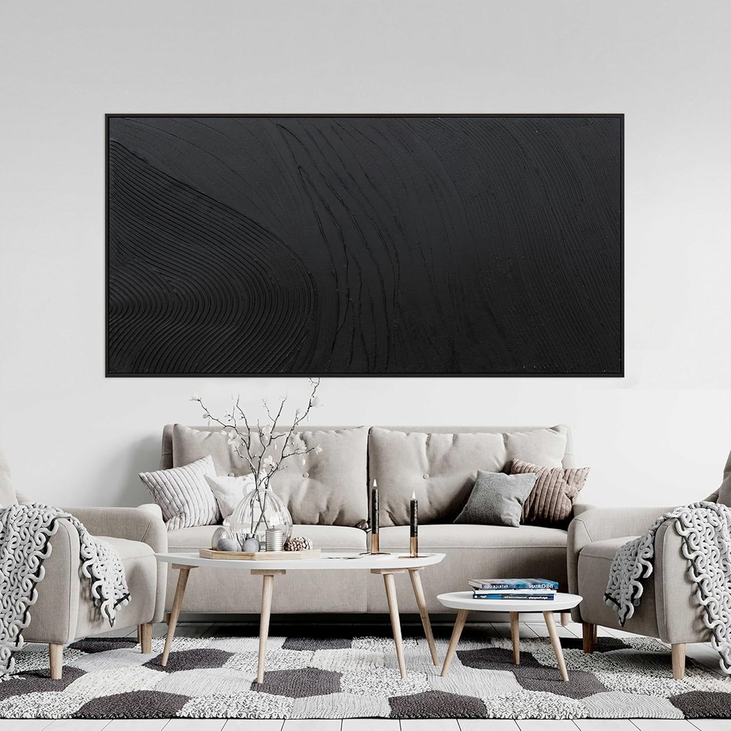 Large Modern Wall Art for Living Room Abstract Canvas Wall Art Decor Framed Large Black Wall Art Canvas Art Wall Decor Hand Painted Black Texture Artwork for Walls Bedroom Office Wall Decor 29"x58"