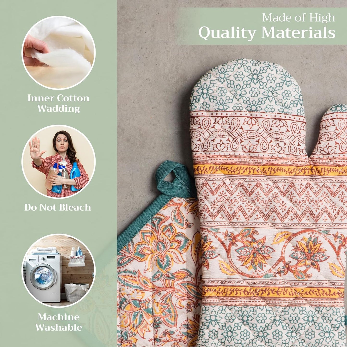 Maison d' Hermine 100% Cotton Oven Mitt & Pot Holder Set (7.5"x13" & 8"x8") Heat Resistant BBQ Cooking Gloves with Loop for Thanksgiving Christmas Decorations Handling Hot Pans (Nila)