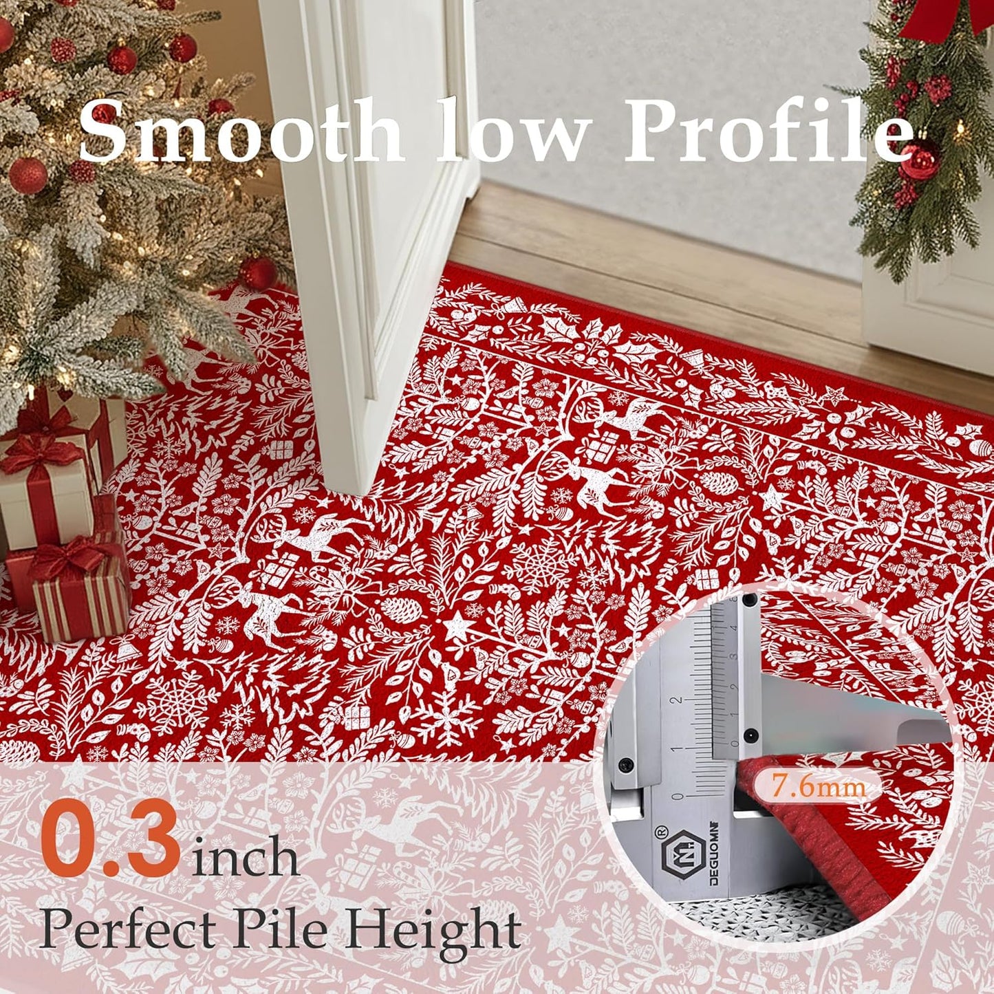 Christmas Runner Rugs 2x6 Machine Washable Hallway Rugs Low Pile Carpet Red Snowflake Non-Slip Indoor Doormat Christmas Deer Long Carpet for Bedroom Kitchen Entryway Bathroom Laundry Room