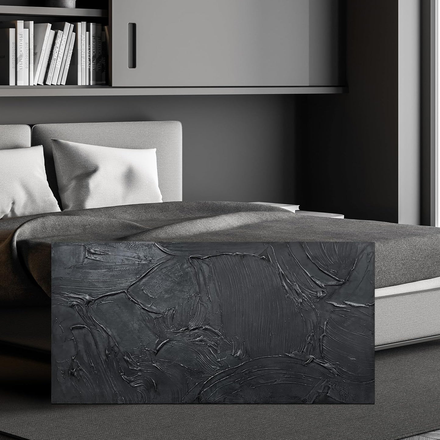 Abstract Hand Painted Wall Art for Living Room - Minimalist Art Wall Decor for Office - Black Painting Wall Art for Bedroom Size 20" x 40"