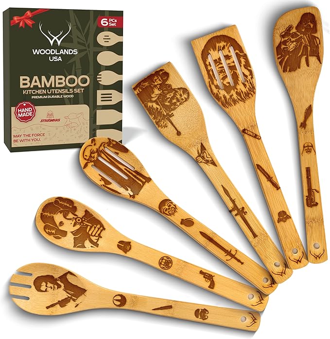 Wooden Spoons for Cooking - 6-Piece Wooden Utensil Set with Spatulas & Spoons, Heat-Resistant, Eco-Friendly Kitchen Utensils for Non-Stick Cookware (Star Wars)