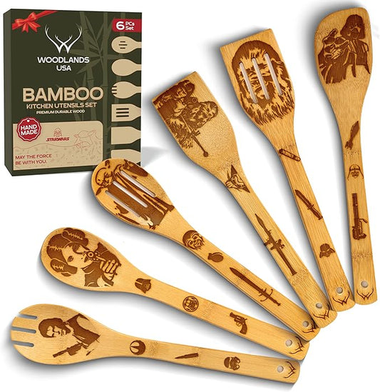 Wooden Spoons for Cooking - 6-Piece Wooden Utensil Set with Spatulas & Spoons, Heat-Resistant, Eco-Friendly Kitchen Utensils for Non-Stick Cookware (Star Wars)