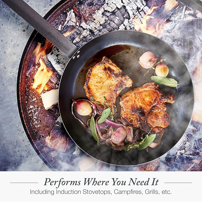 Merten & Storck Pre-Seasoned Carbon Steel 10” Frying Pan Skillet, Use on Induction, Stove and Grill, Durable, Even-Heating, for Searing, Grilling, Oven Use, and Campfire, Indoor/Outdoor