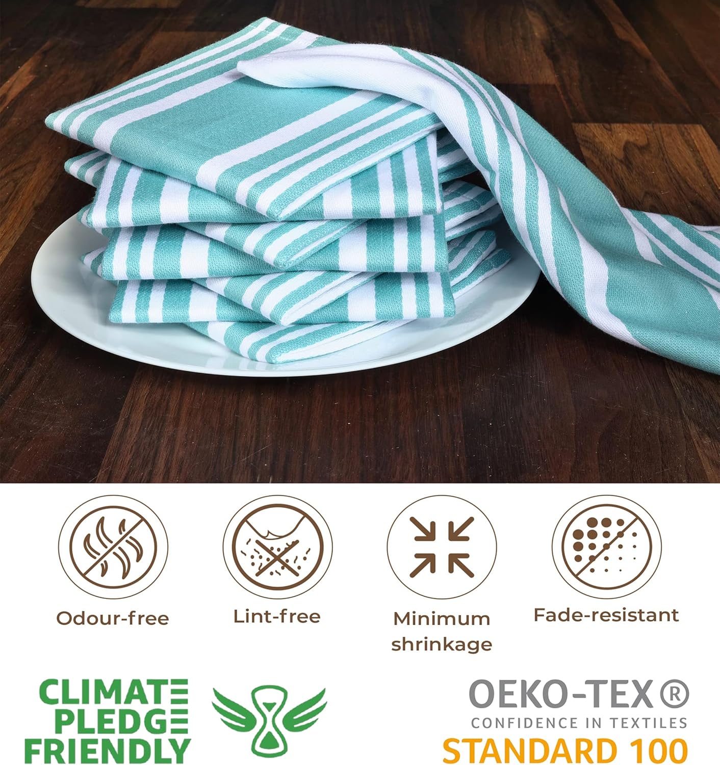 Urban Villa Cotton Dish Cloth Set of 8, Highly Absorbent Super Soft Quick Drying 12x12 Inch Dish Cloths for Kitchen Cleaning & Drying Dishes Mitered Corner Trendy Stripes Kitchen Towels - Aqua/White