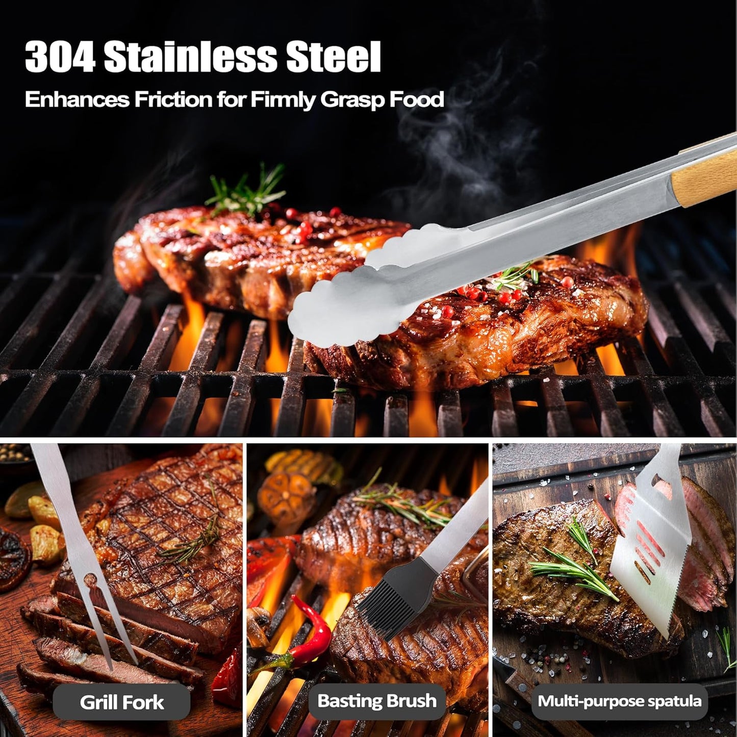 Papa Gifts from Grandkids, Papa Grilling Gift Heavy Duty Wooden BBQ Grilling Accessories Kit for Backyard, Thick Stainless Steel Grill Utensils with Non-Slip Handle Tools in Portable Bag on Christmas