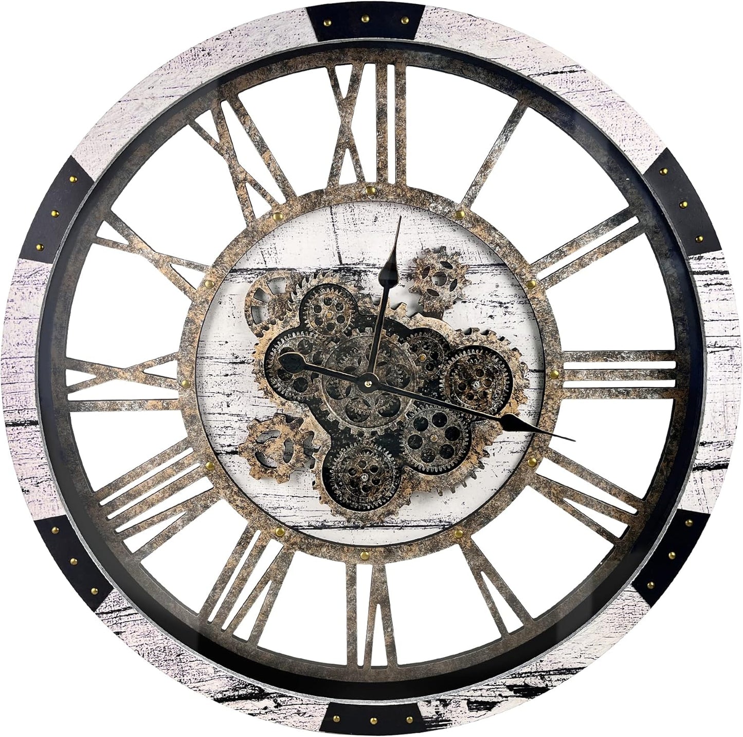 DORBOKER 30" Large Wall Clock Moving Gears,Oversized Industrial Rustic Farmhouse Clocks for Living Room Decor Office Home, Solid Wood Retro Metal HD Tempered Glass Cover, White Grey