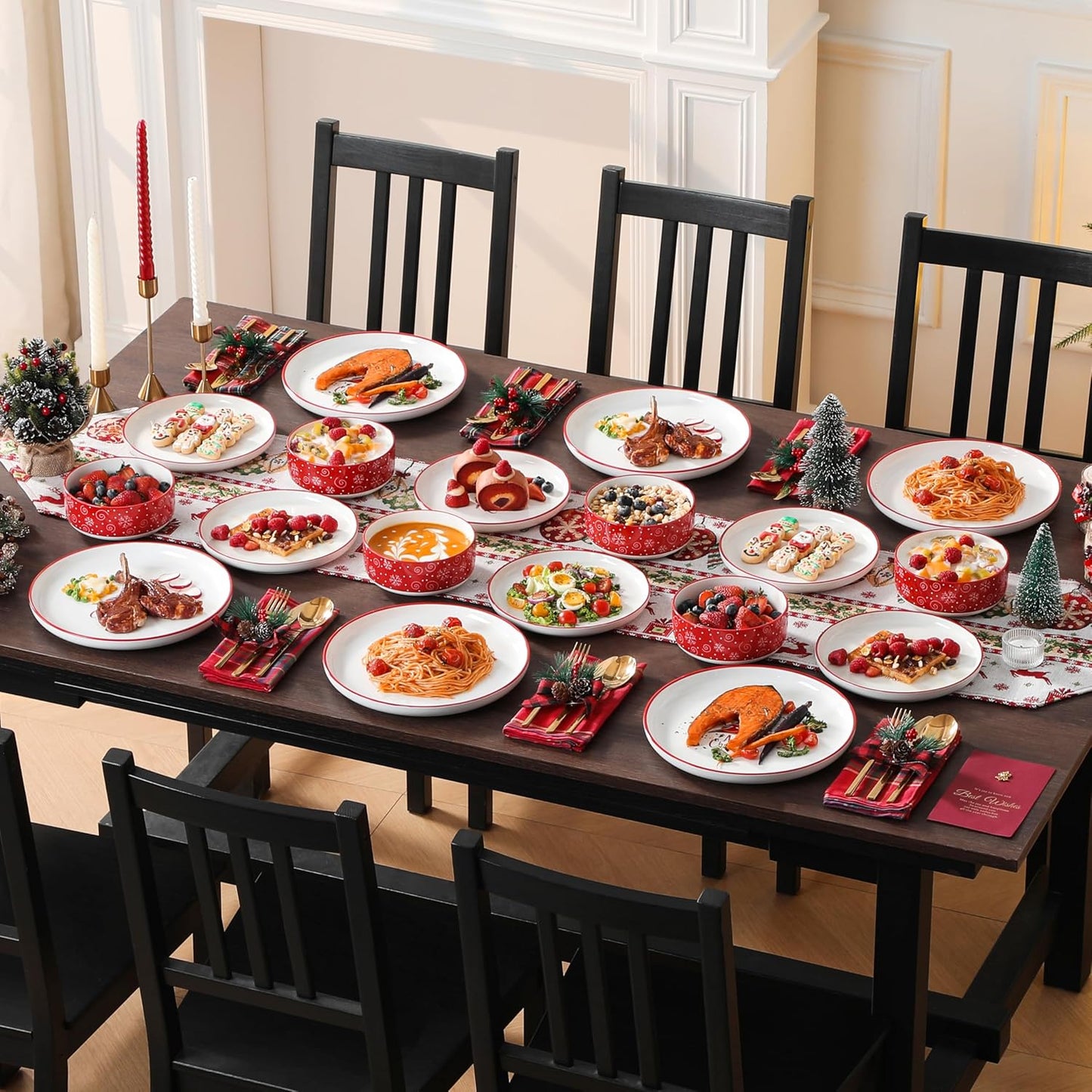 MALACASA Plates and Bowls Sets, 18 Pieces Christmas Porcelain Dinnerware Set for 6, Ceramic Dishware Dishes Kitchen Dining Ware Set, Microwave and Dishwasher Safe, Series LUNA-Christmas Tree